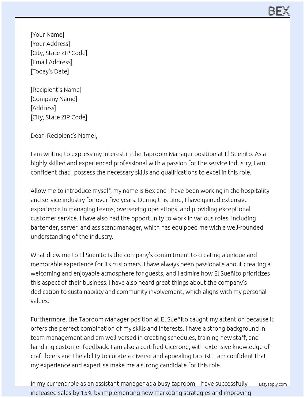 Taproom Manager At El Sueñito Cover Letter