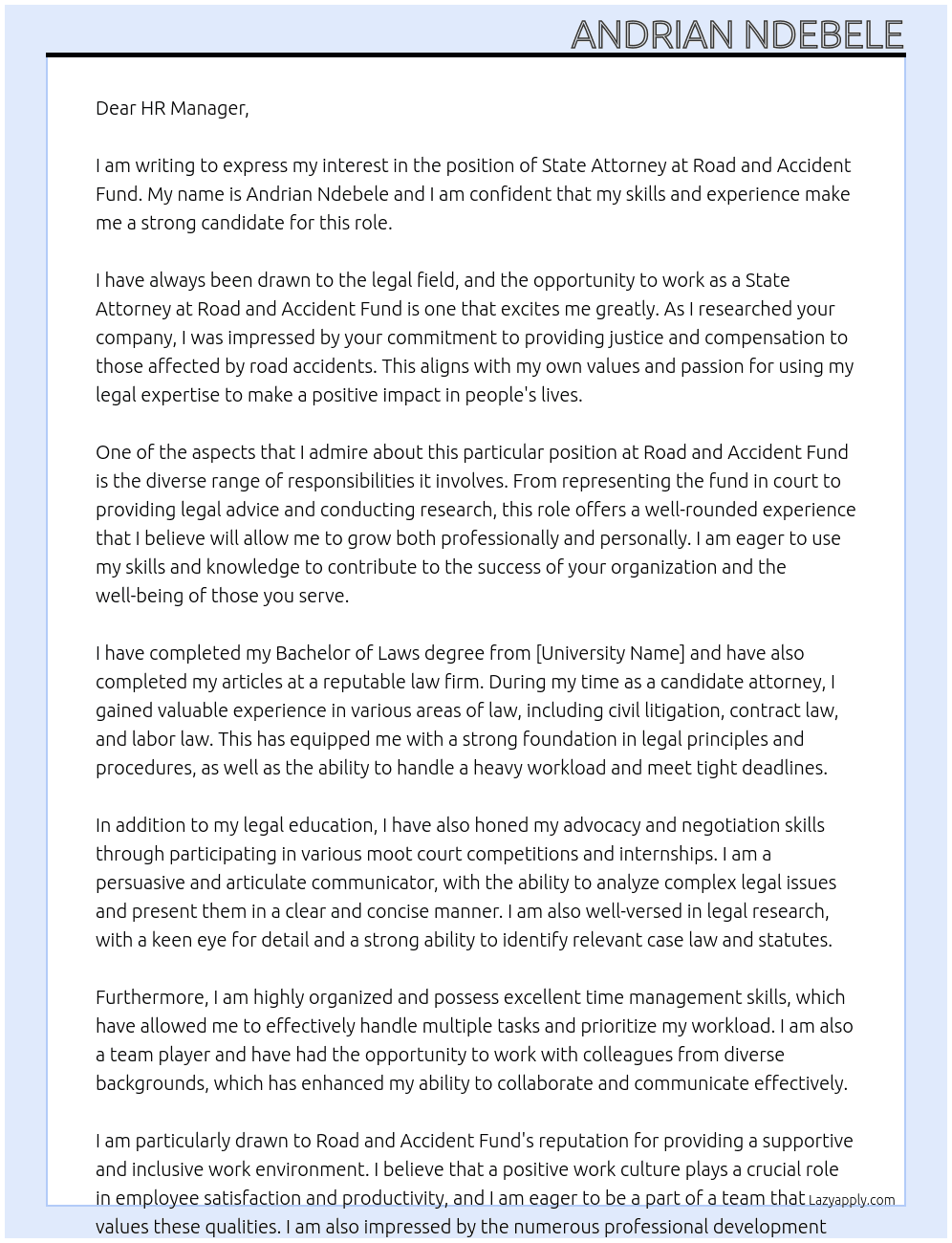 State Attorney At Road and Accident fund Cover Letter