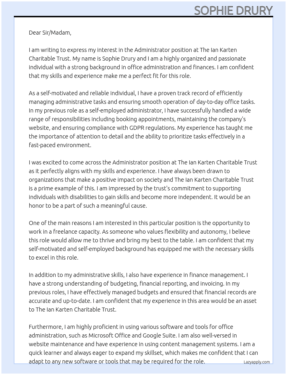 Administrator At The Ian Karten Charitable Trust Cover Letter