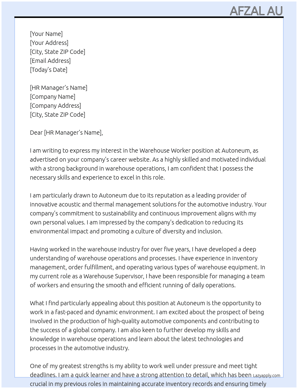 Warehouse worker At Autoneum  Cover Letter