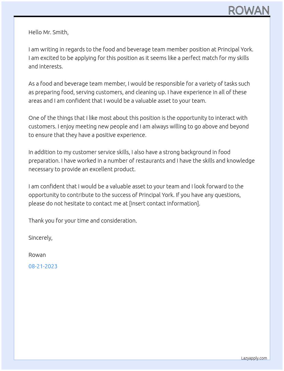 food and beverage team memeber  At principal york  Cover Letter