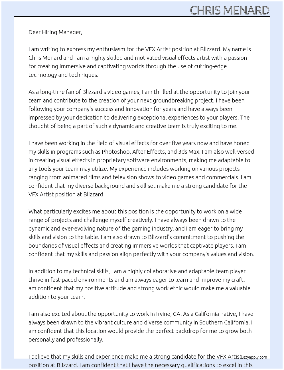VFX Artist At Blizzard Cover Letter