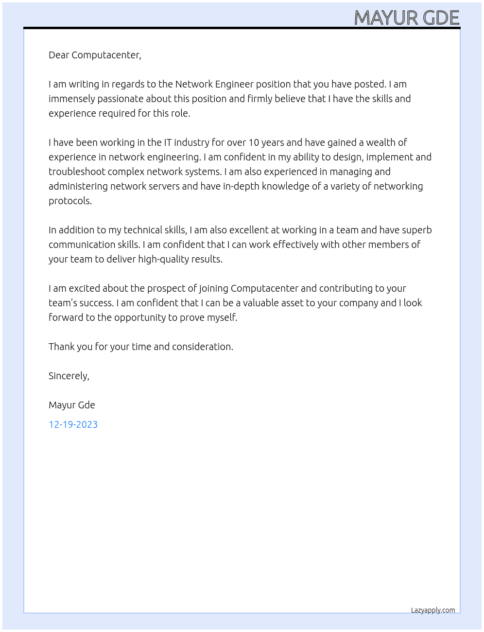 Network Engineer At Computacenter Cover Letter