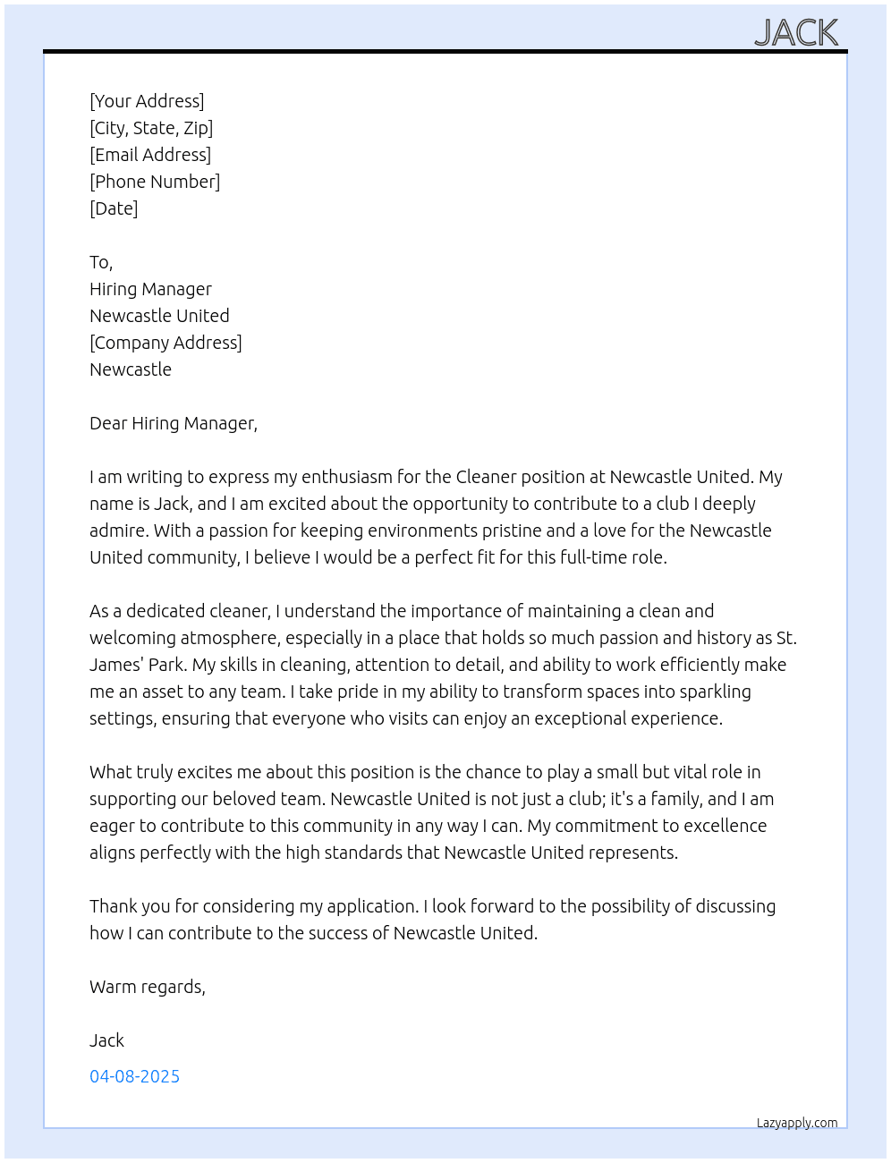 Cleaner At Newcastle United Cover Letter