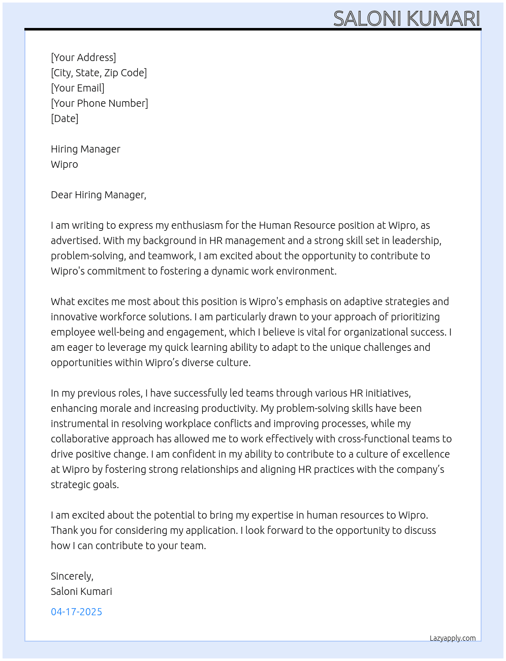 Human Resource  At Wipro  Cover Letter
