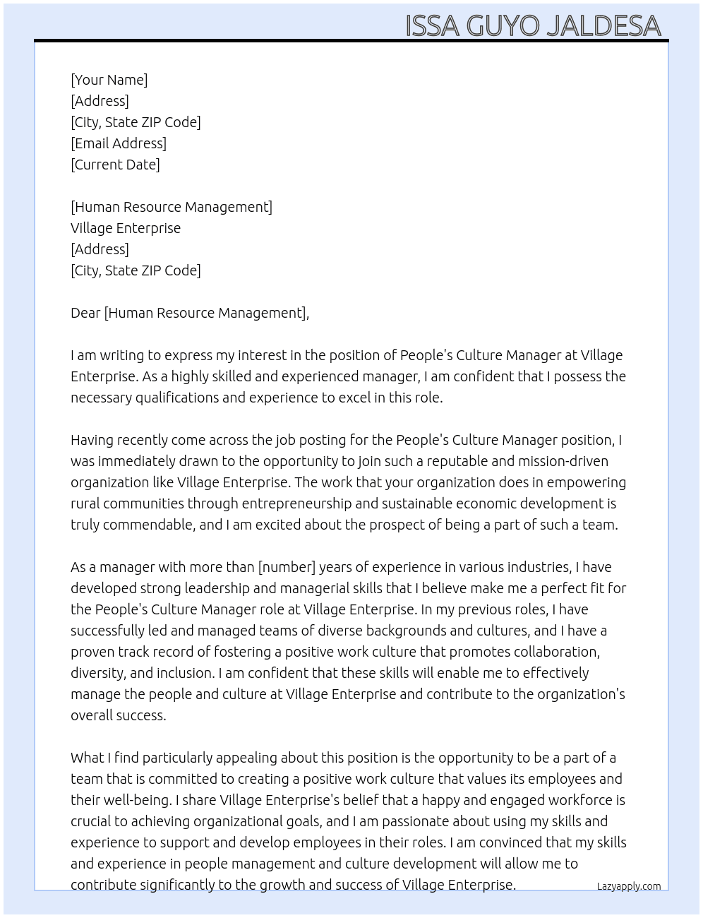 People's culture manager  At Village Enterprise  Cover Letter