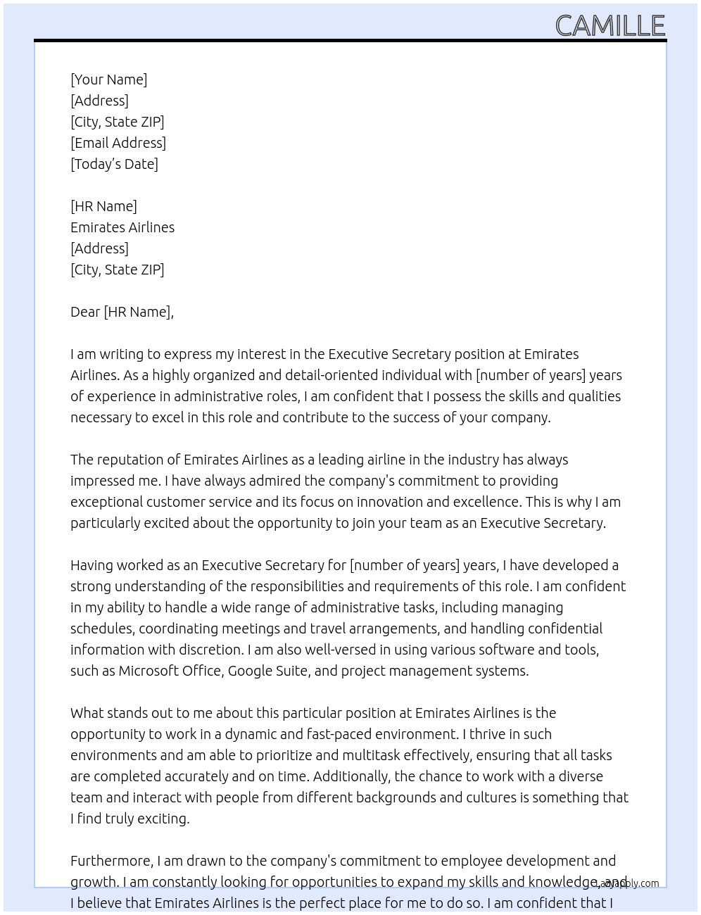 Executive Secretary  At Emirates Cover Letter