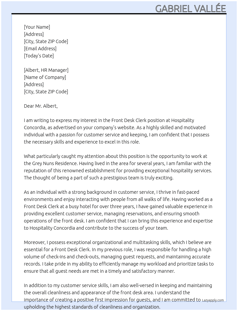 Front Desk Clerk At Hospitality Concordia Cover Letter