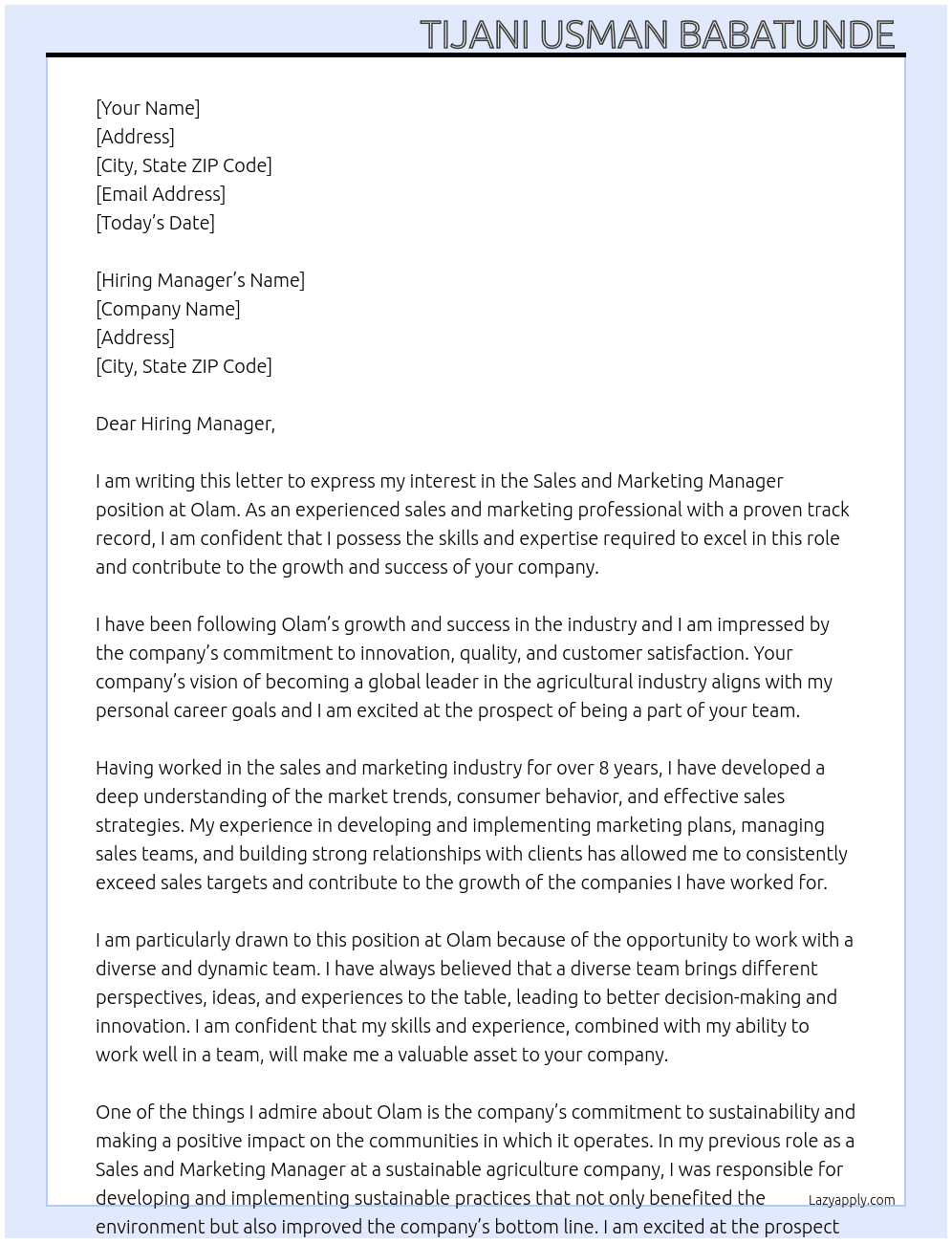 Sales and Marketing Manager  At Olam Cover Letter