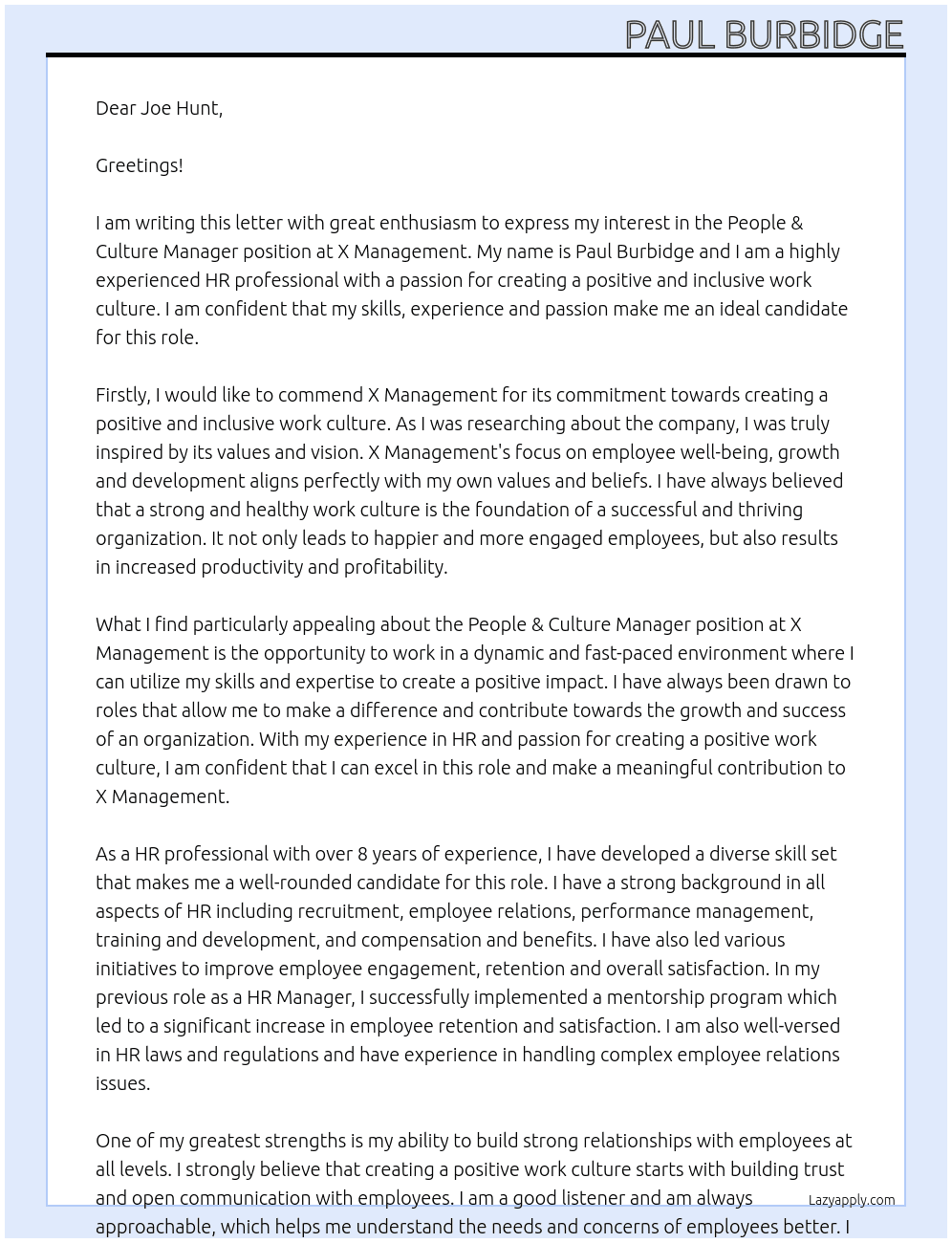 people & culture  manager At X management Cover Letter