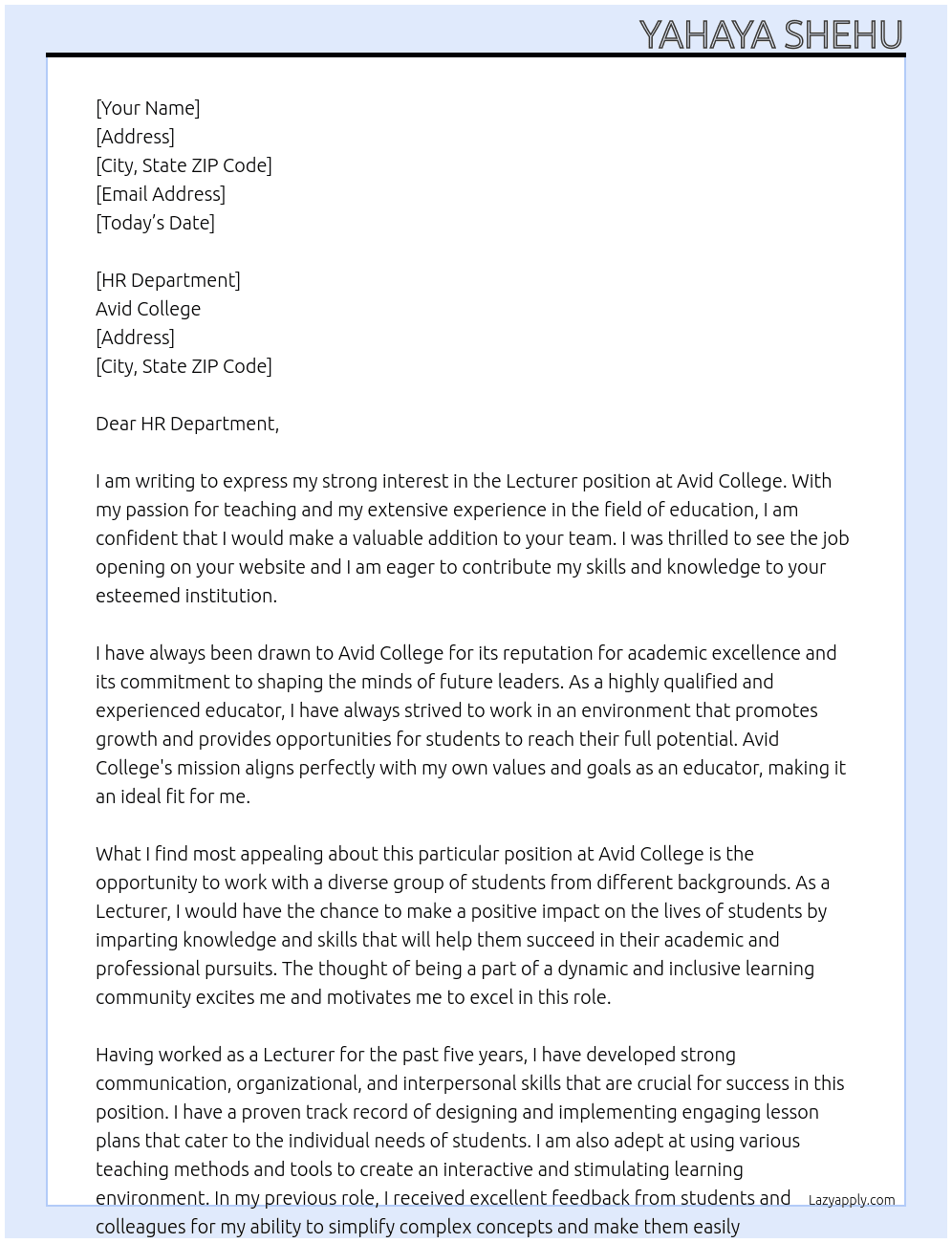 Lecturer  At Avid College  Cover Letter