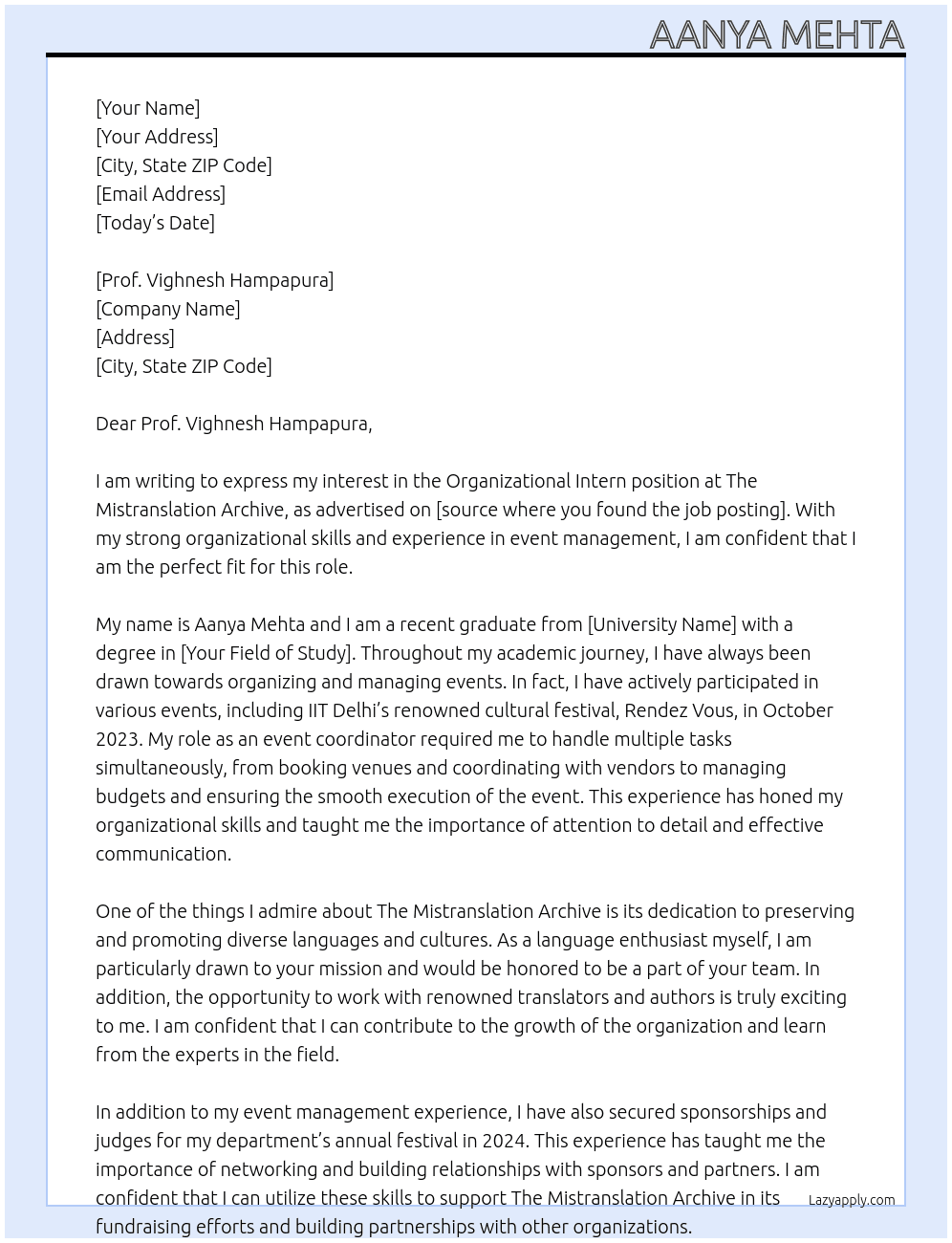 organizational intern At The Mistranslation Archive Cover Letter
