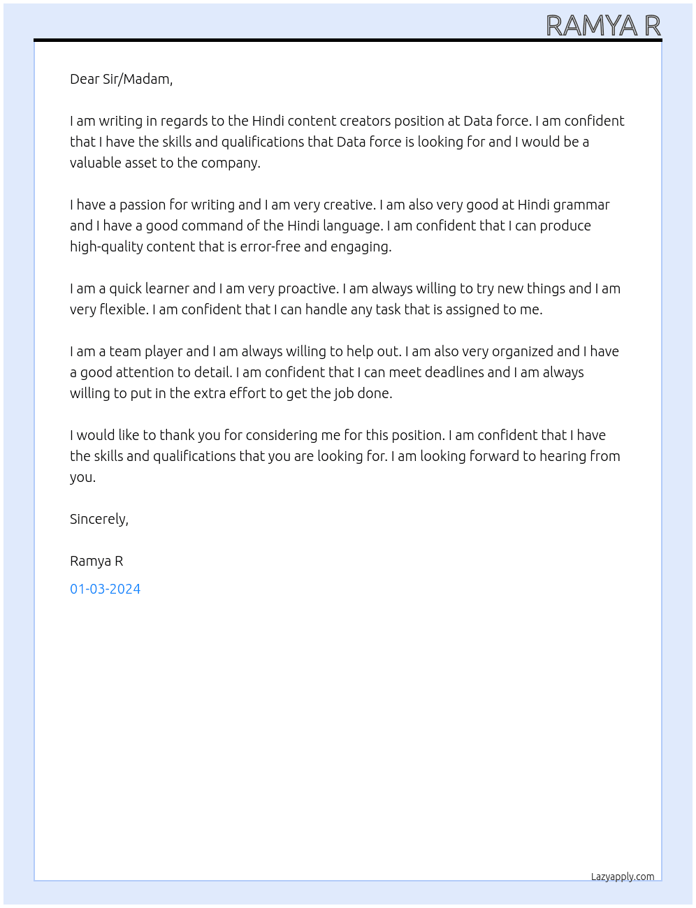 Hindi content creators  At Data force Cover Letter