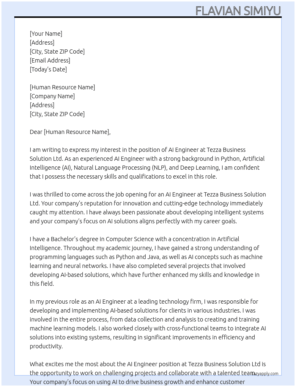 AI engineer At tezza business solution ltd Cover Letter