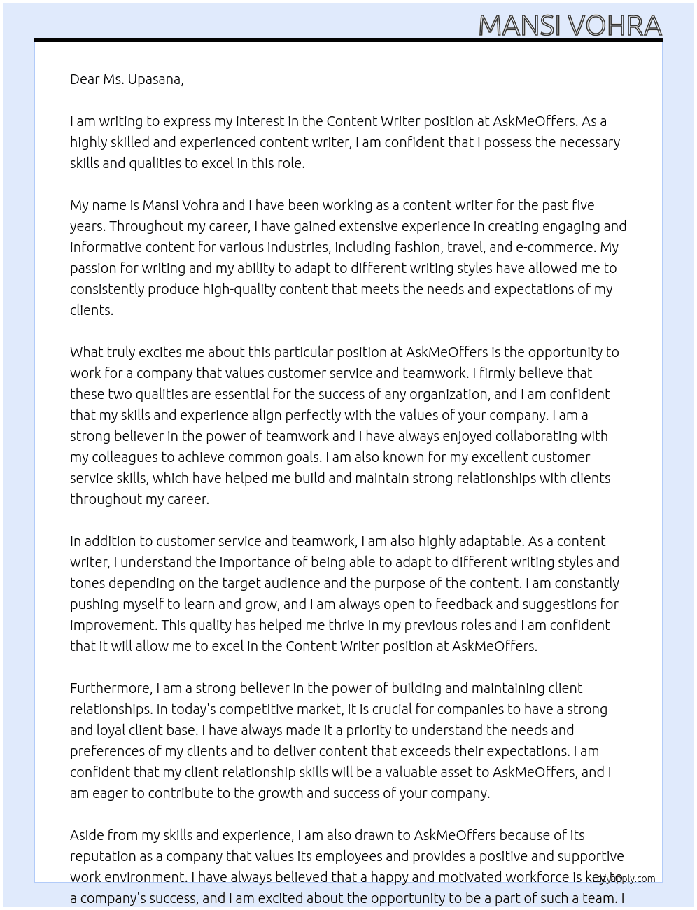 Content writer  At AskMeOffers  Cover Letter