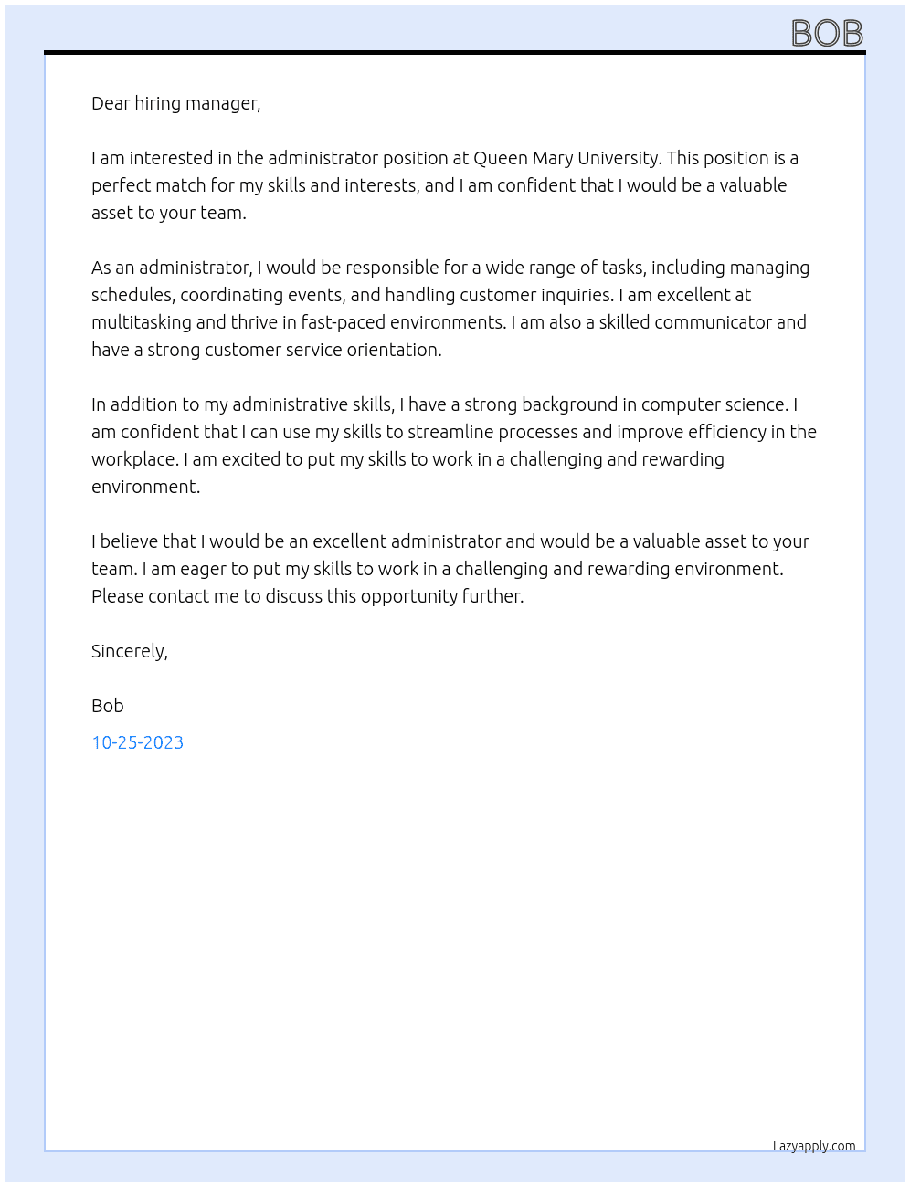 administrator At Queen Mary University Cover Letter