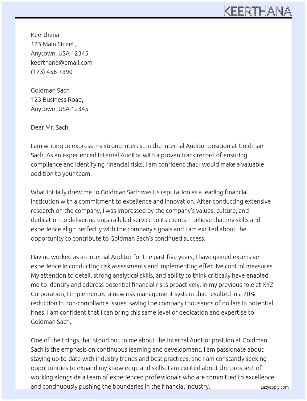 internal auditor  At goldman sach Cover Letter