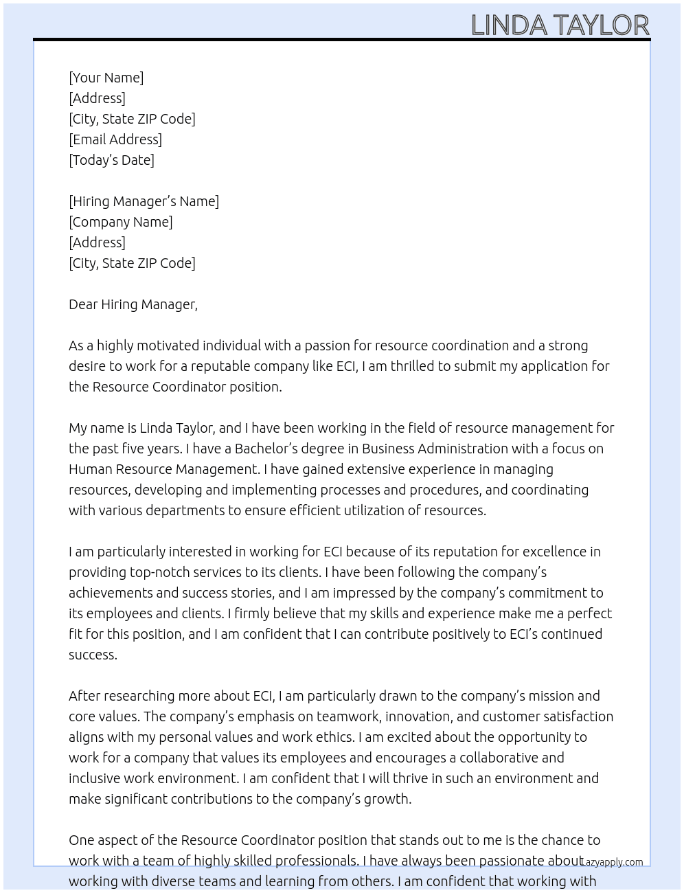 Resource Coordinator At ECI Cover Letter