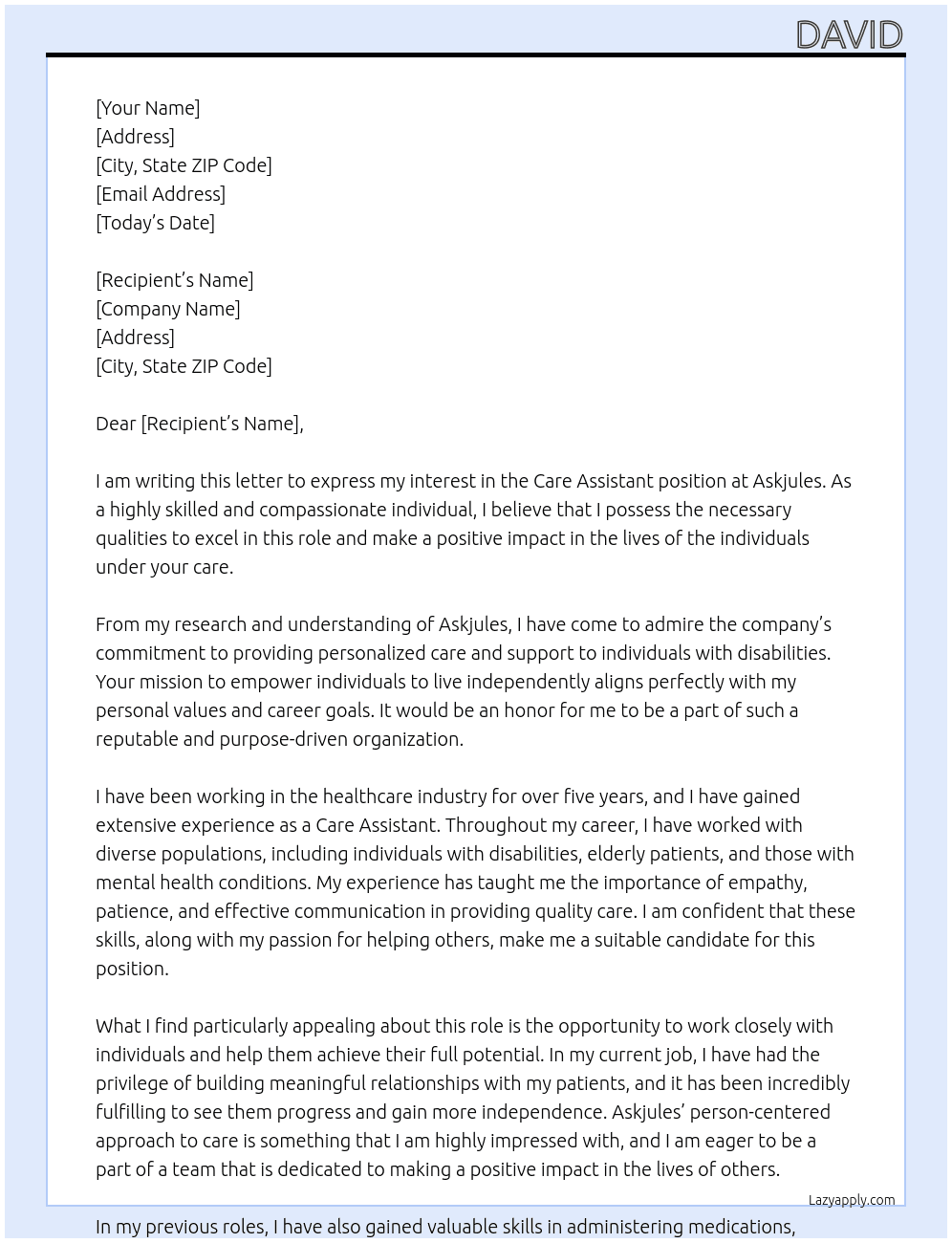 care assistant At askjules Cover Letter