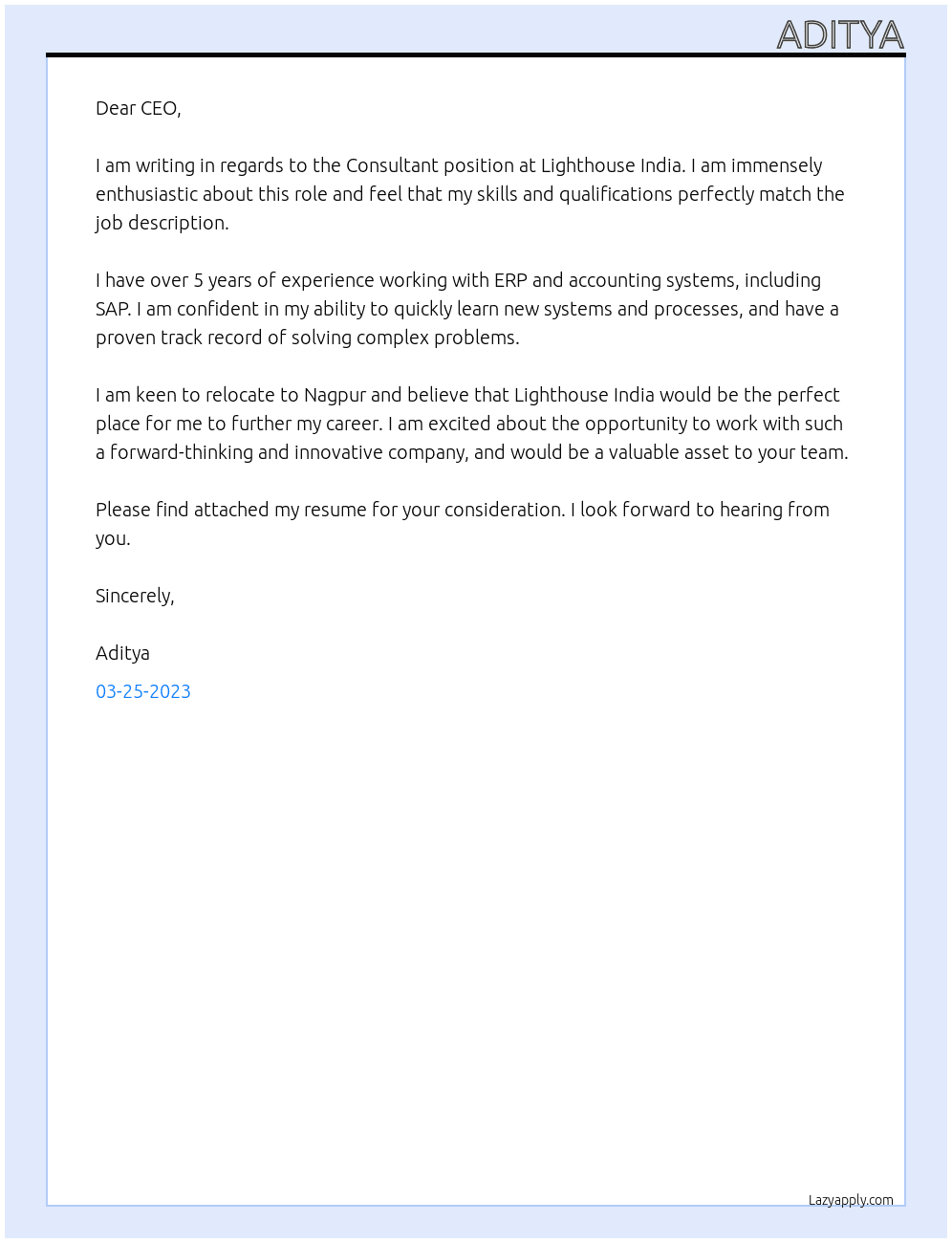Consultant  At Lighthouse India Cover Letter