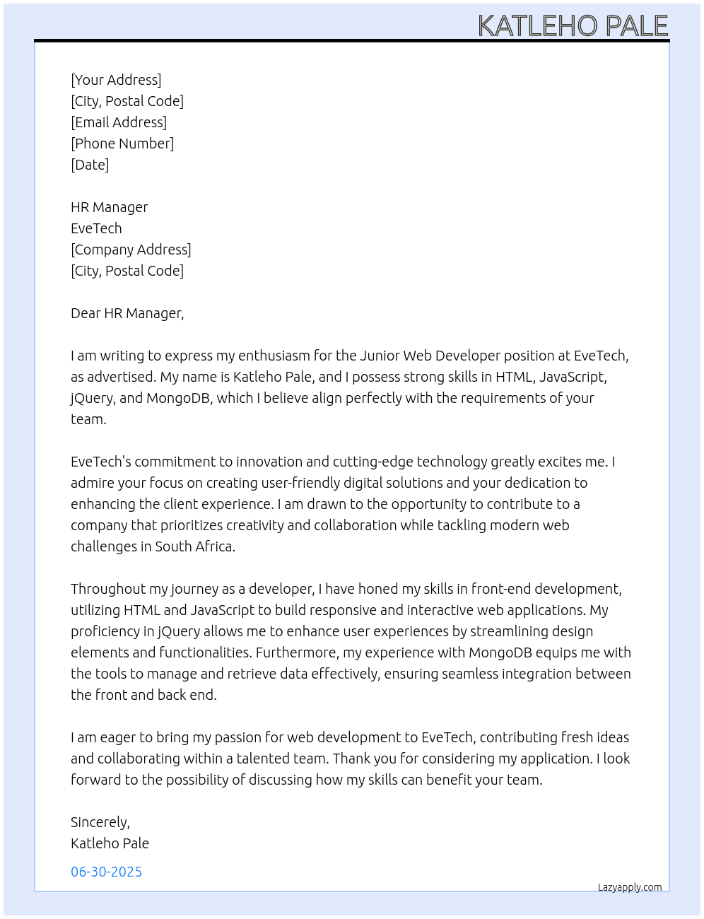 Junior Web Developer At EveTech Cover Letter