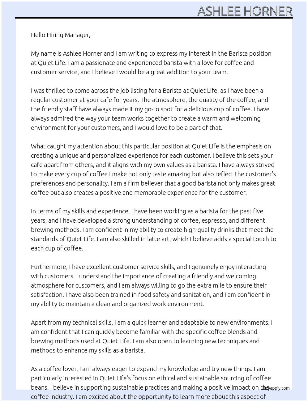 Barista  At Quiet Life  Cover Letter