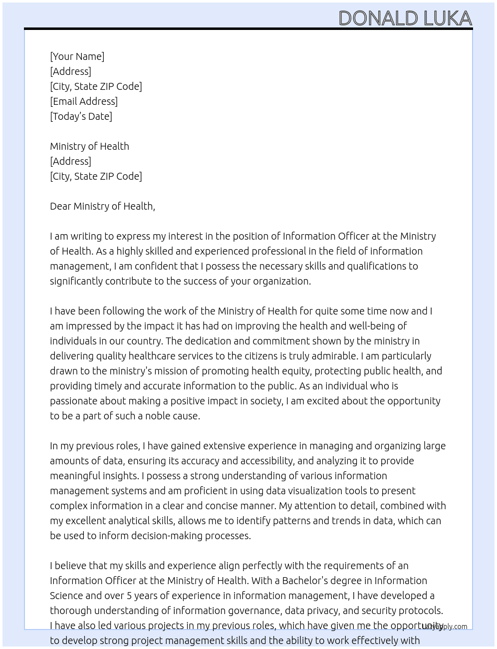 information officer At ministry of health Cover Letter