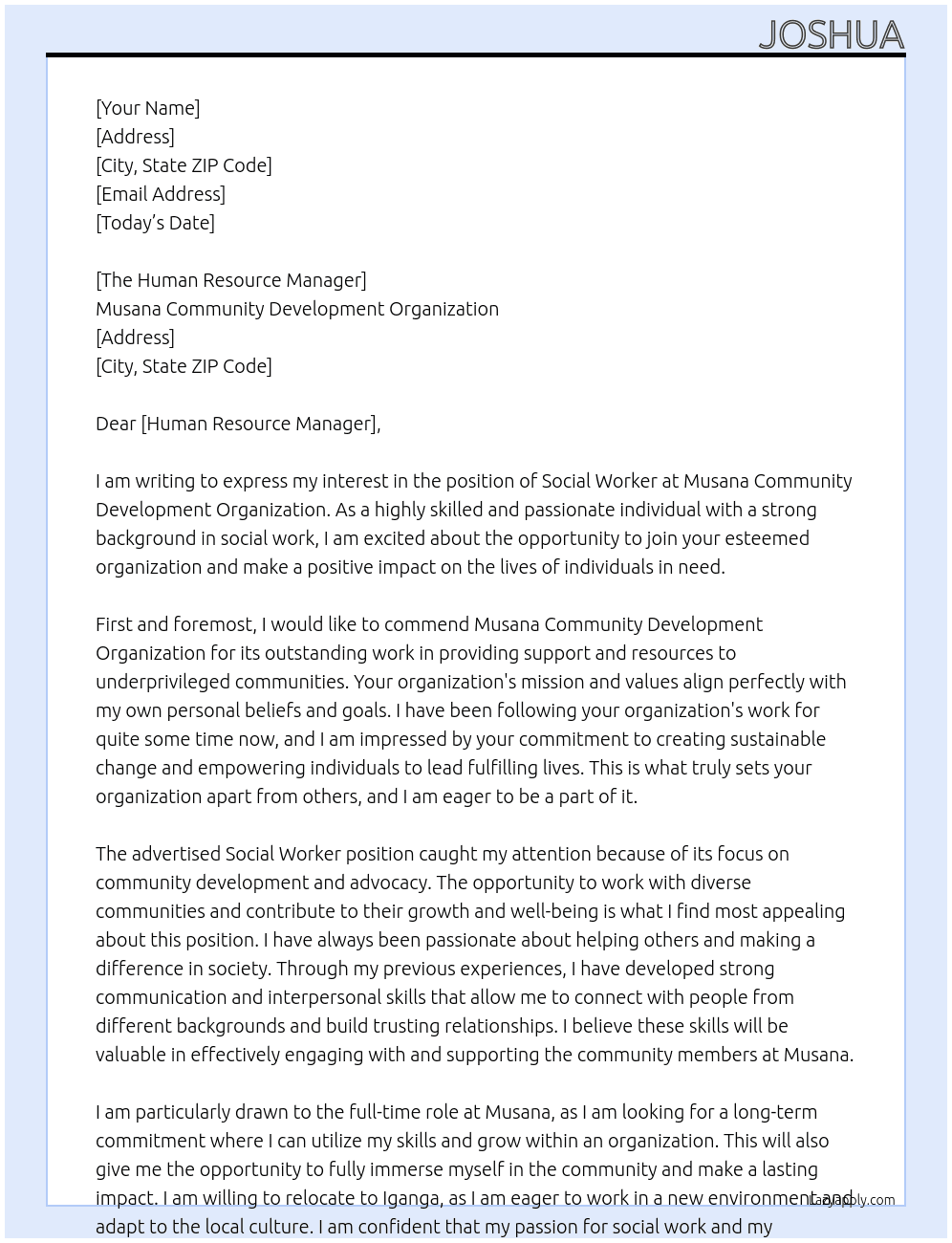 SOCIAL WORKER At MUSANA COMMUNITY DEVELOPMENT ORGANIZATION Cover Letter