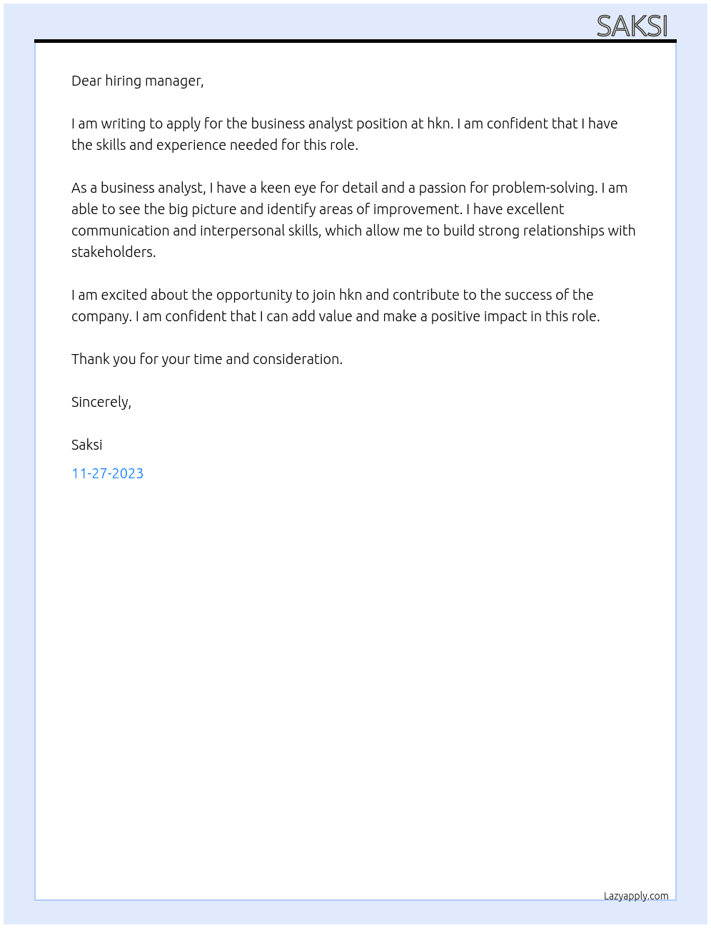  business analyst At hkn Cover Letter
