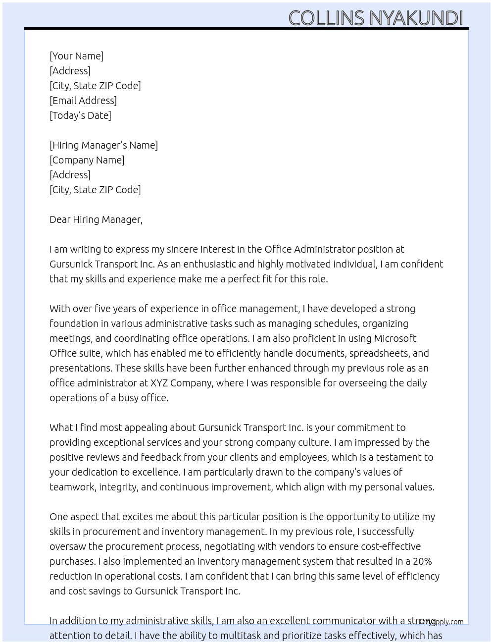 Office administrator  At Gursunick Transport Inc Cover Letter