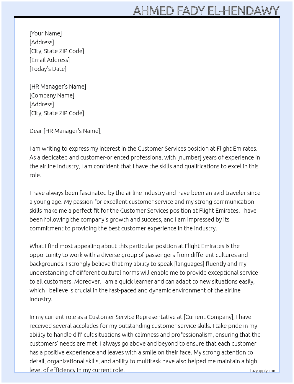customer services At Flight Emirates Cover Letter