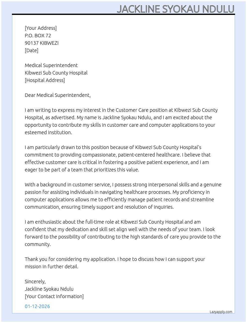 Customer Care At Kibwezi Sub County Hospital Cover Letter