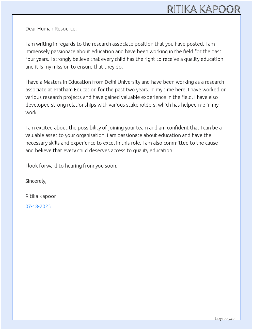Research Associate At Pratham Education Cover Letter