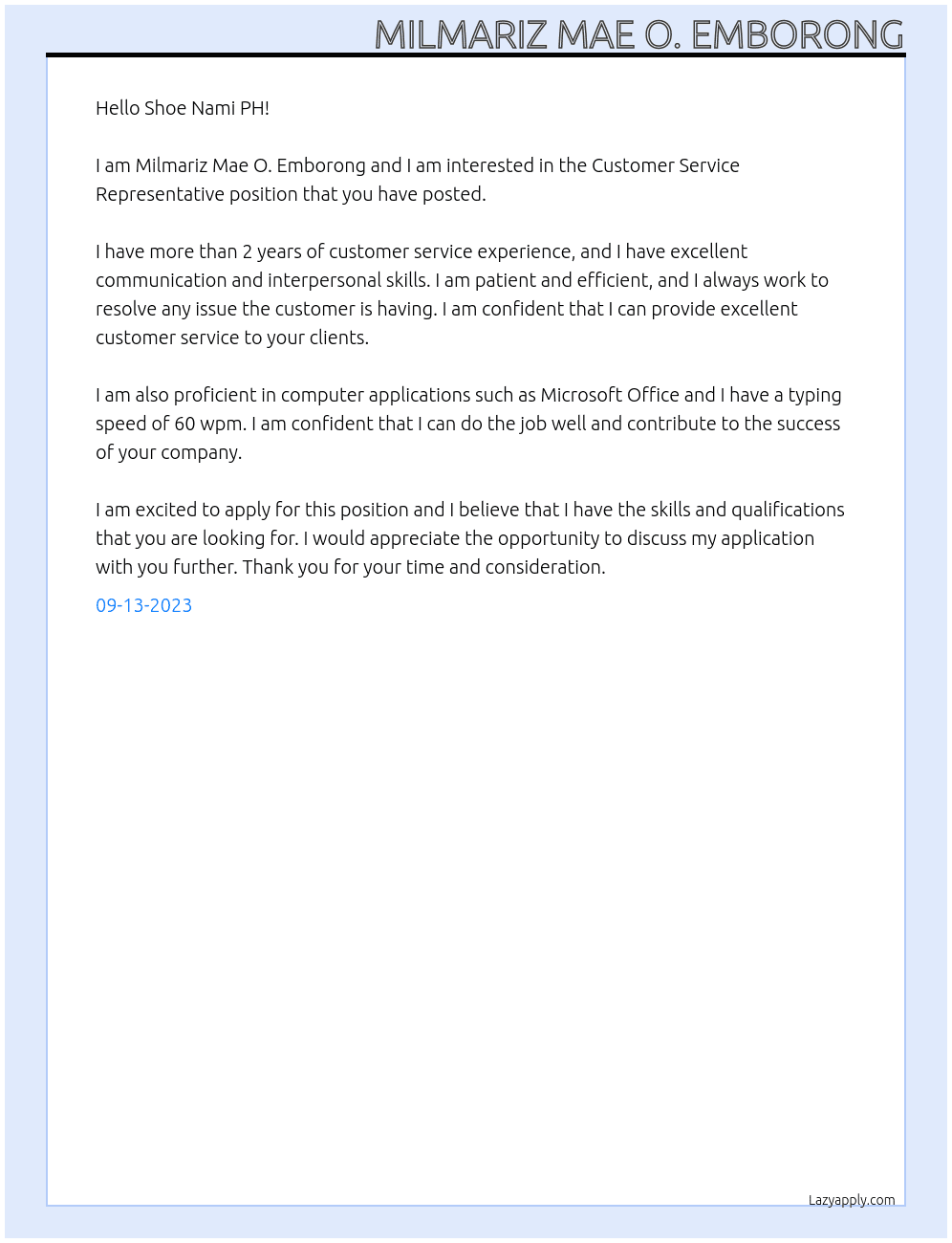 Customer Service Representative At Shoe Nami PH Cover Letter