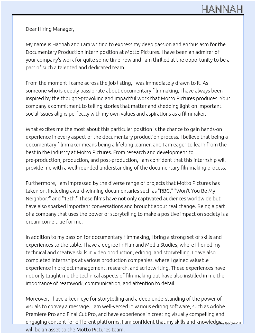 Documentary Production Intern At Motto Pictures Cover Letter