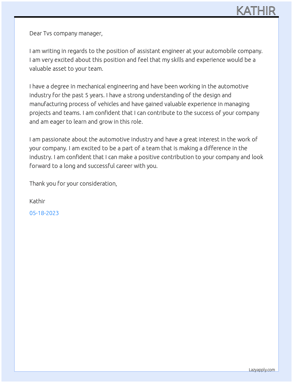 Assistant engineer  At Automobile tvs company  Cover Letter