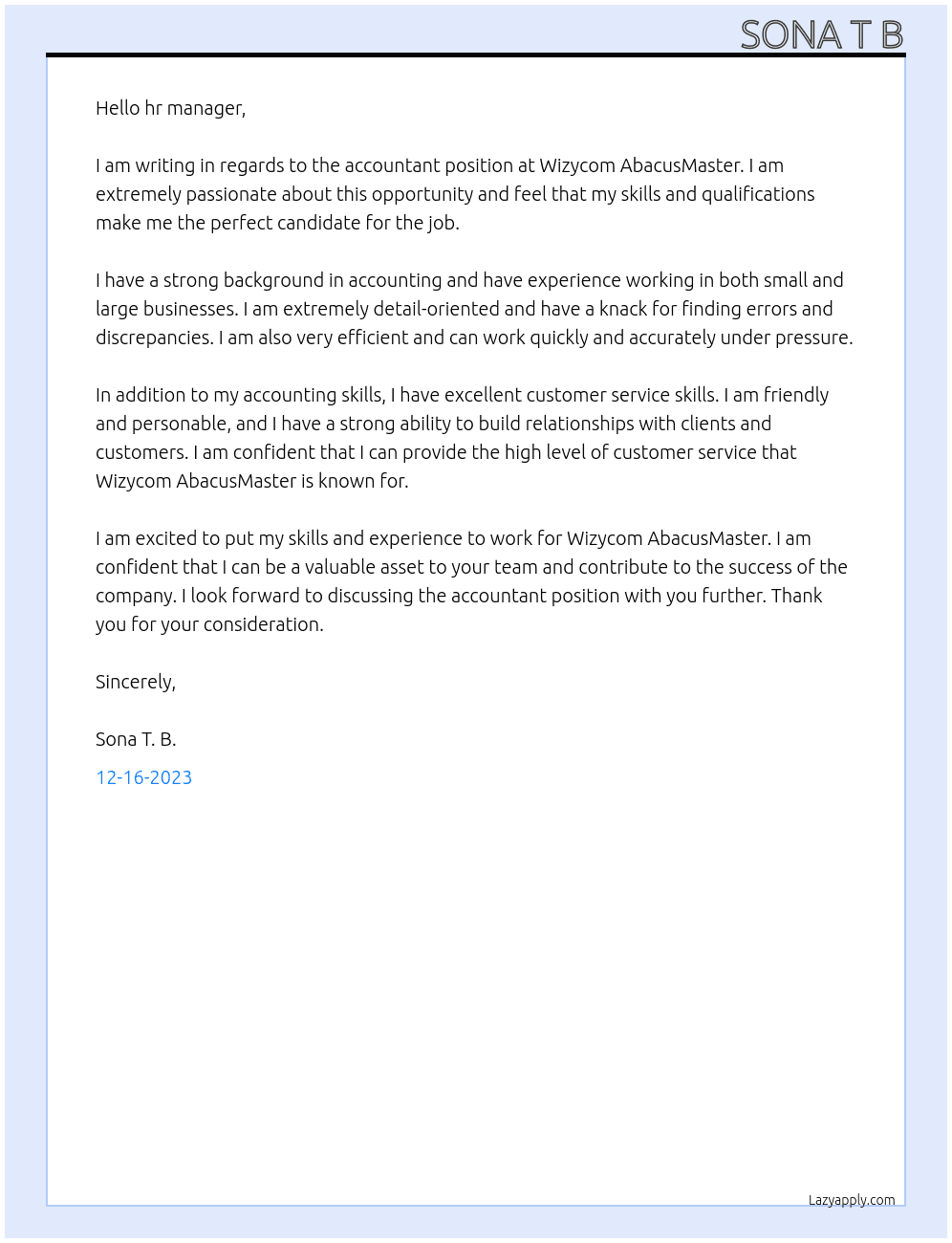 ACCOUNTANT At Wizycom AbacusMaster  Cover Letter