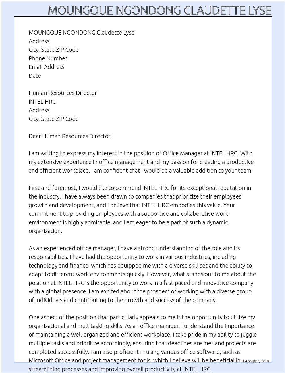 Office Manager  At INTEL HRC Cover Letter