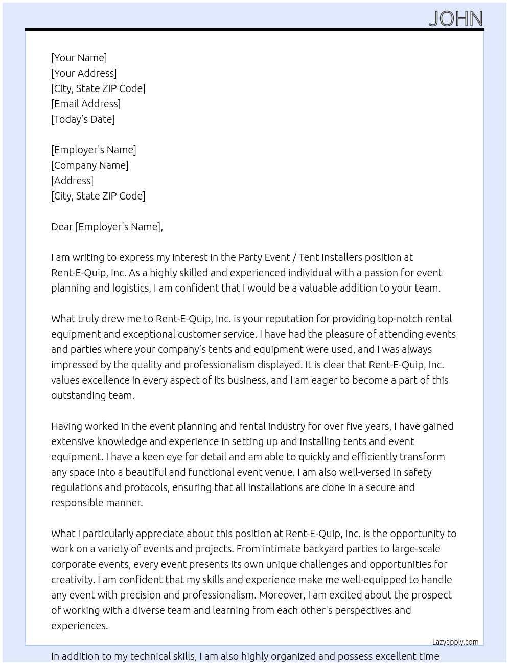 Party Event / Tent Installers At Rent-E-Quip, Inc. Cover Letter