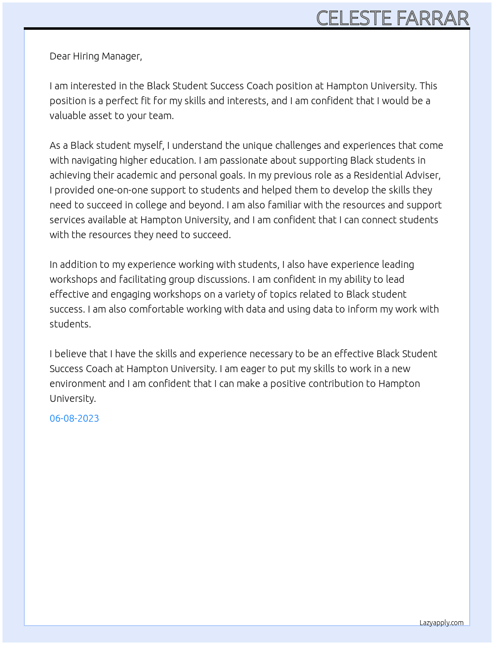 Black Student Success Coach At Hampton University Cover Letter
