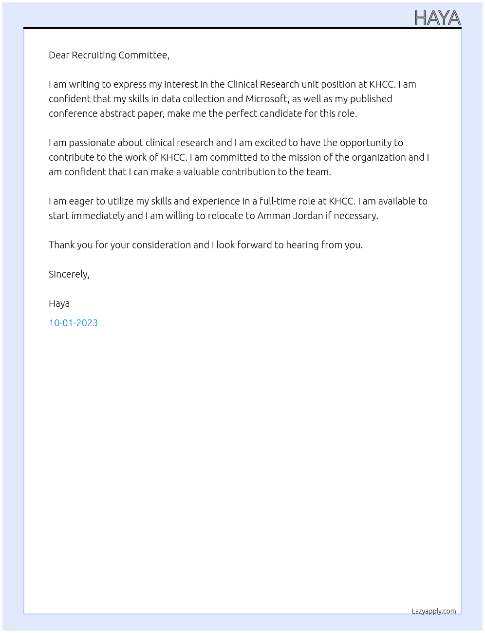 Clinical Research unit At KHCC Cover Letter