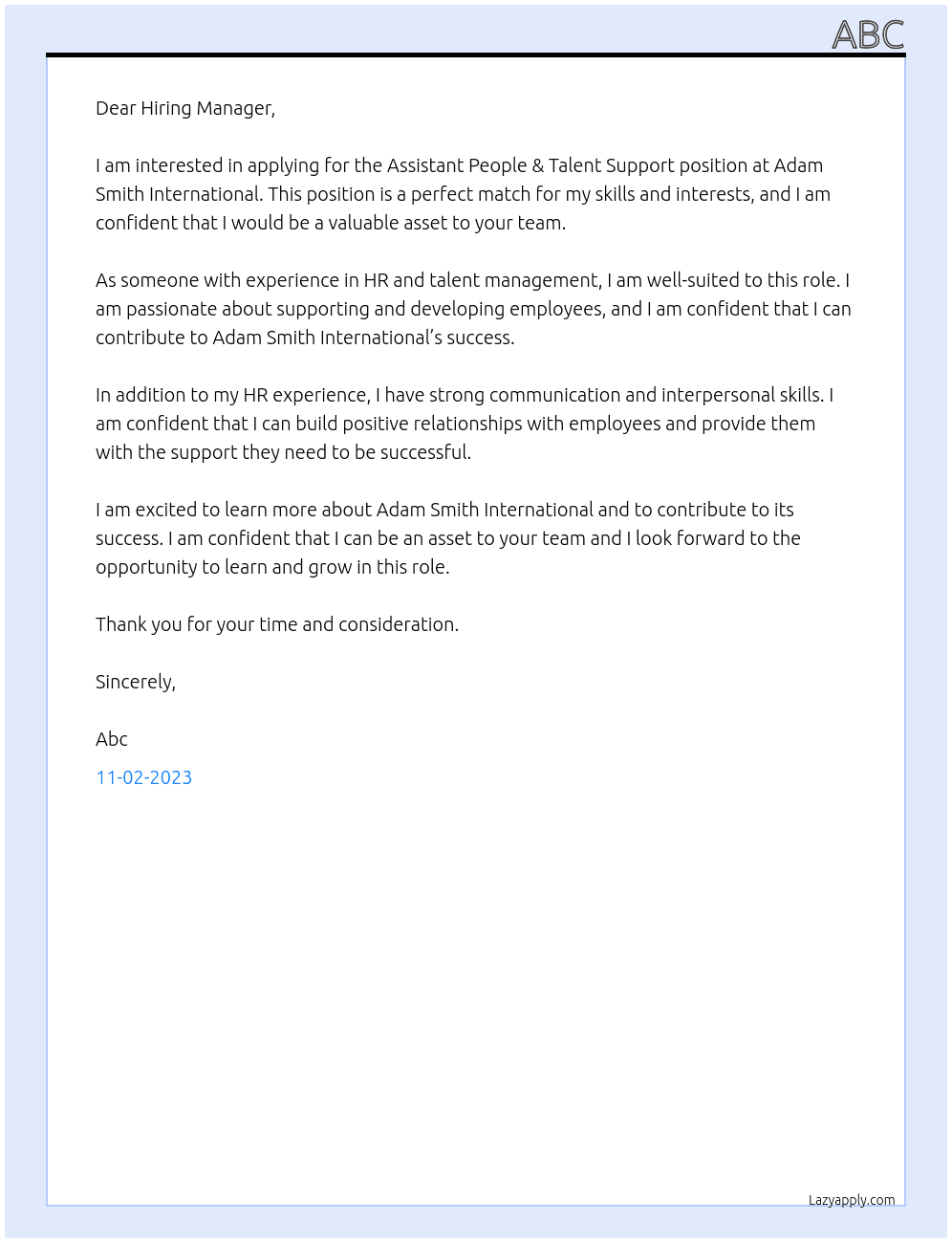 Assistant People & Talent Support  At Adam Smith International  Cover Letter