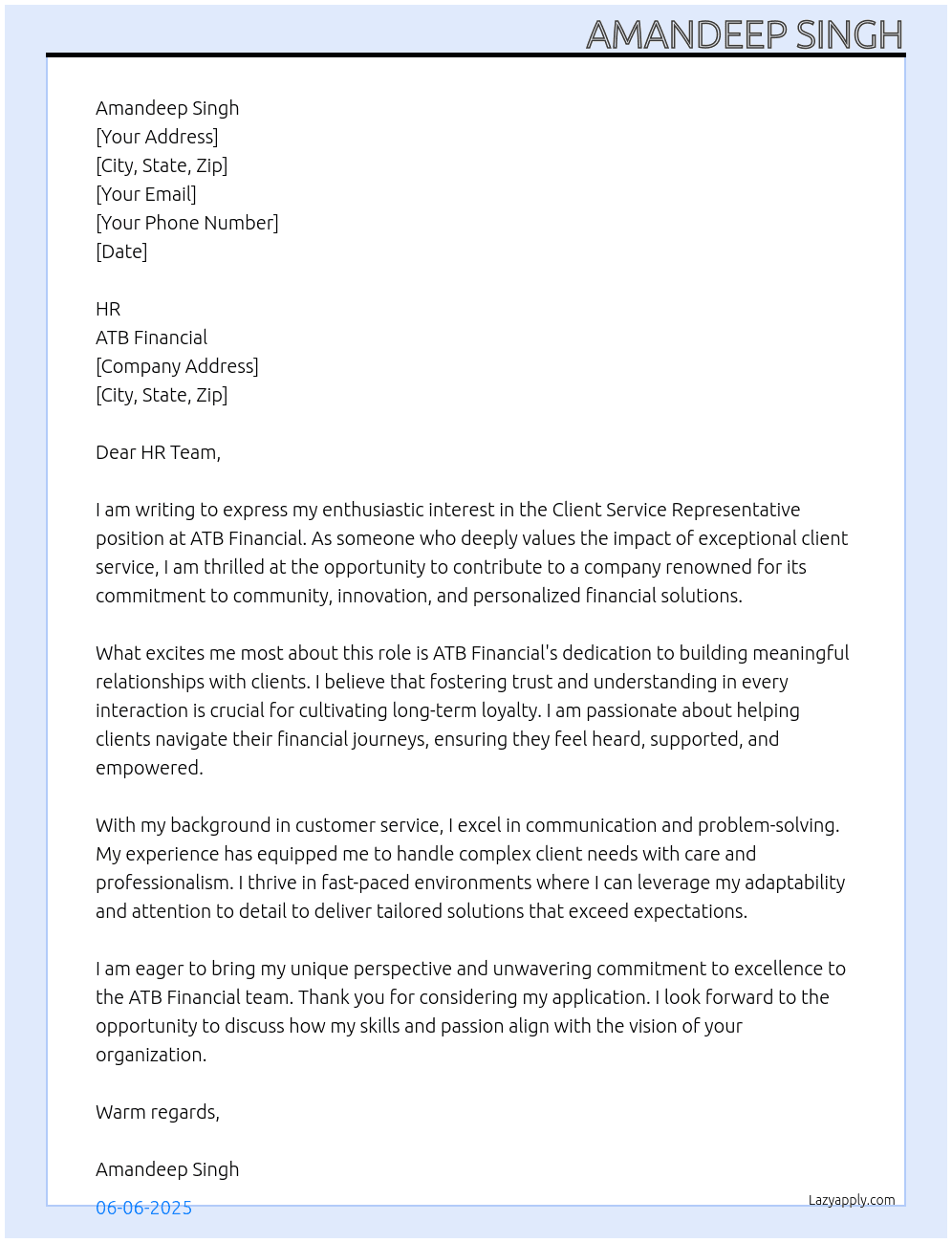 Client Service Representative At ATB Financial Cover Letter