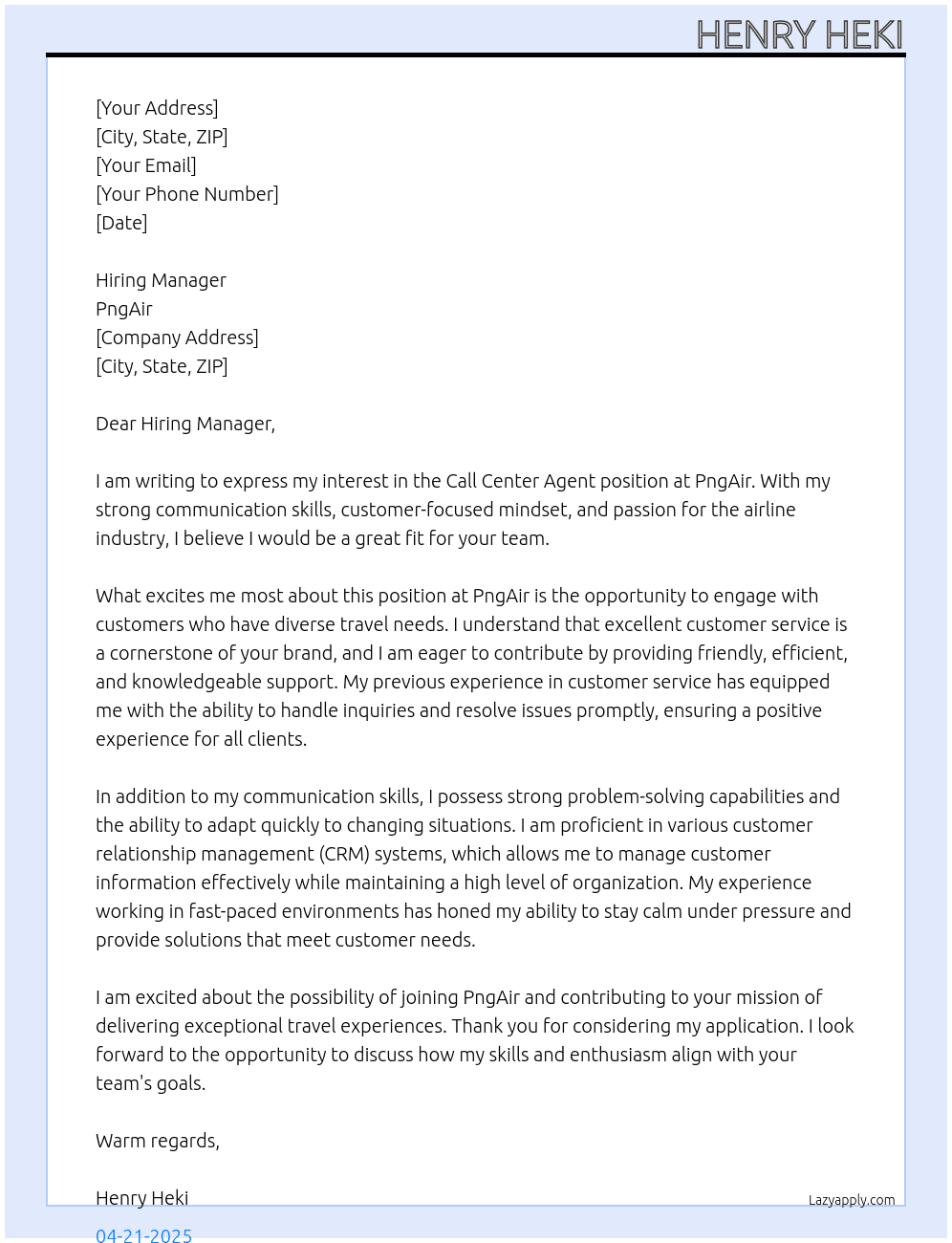 Call center agent  At PngAir Cover Letter