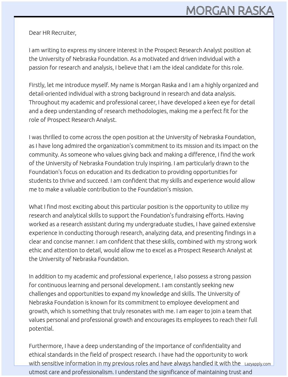 Prospect research analyst At University of Nebraska Foudnation Cover Letter