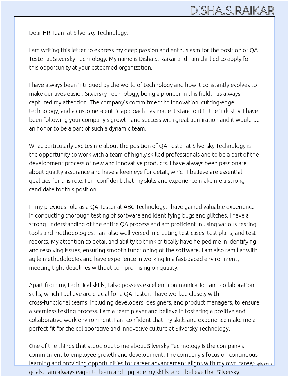 QA tester At Silversky technology Cover Letter