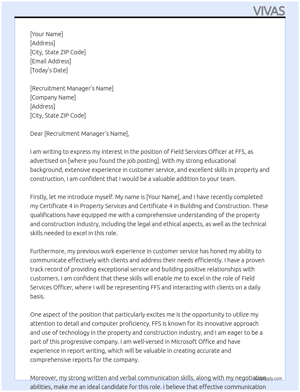 Field Services Officer At FFS Cover Letter
