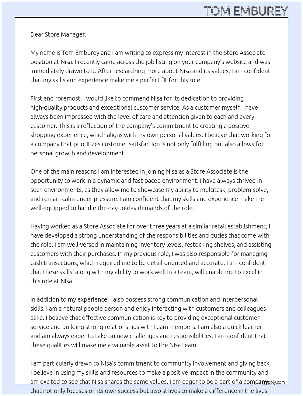 Store associate  At Nisa Cover Letter