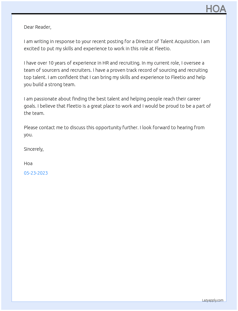 Director, Talent Acquisition  At Fleetio Cover Letter