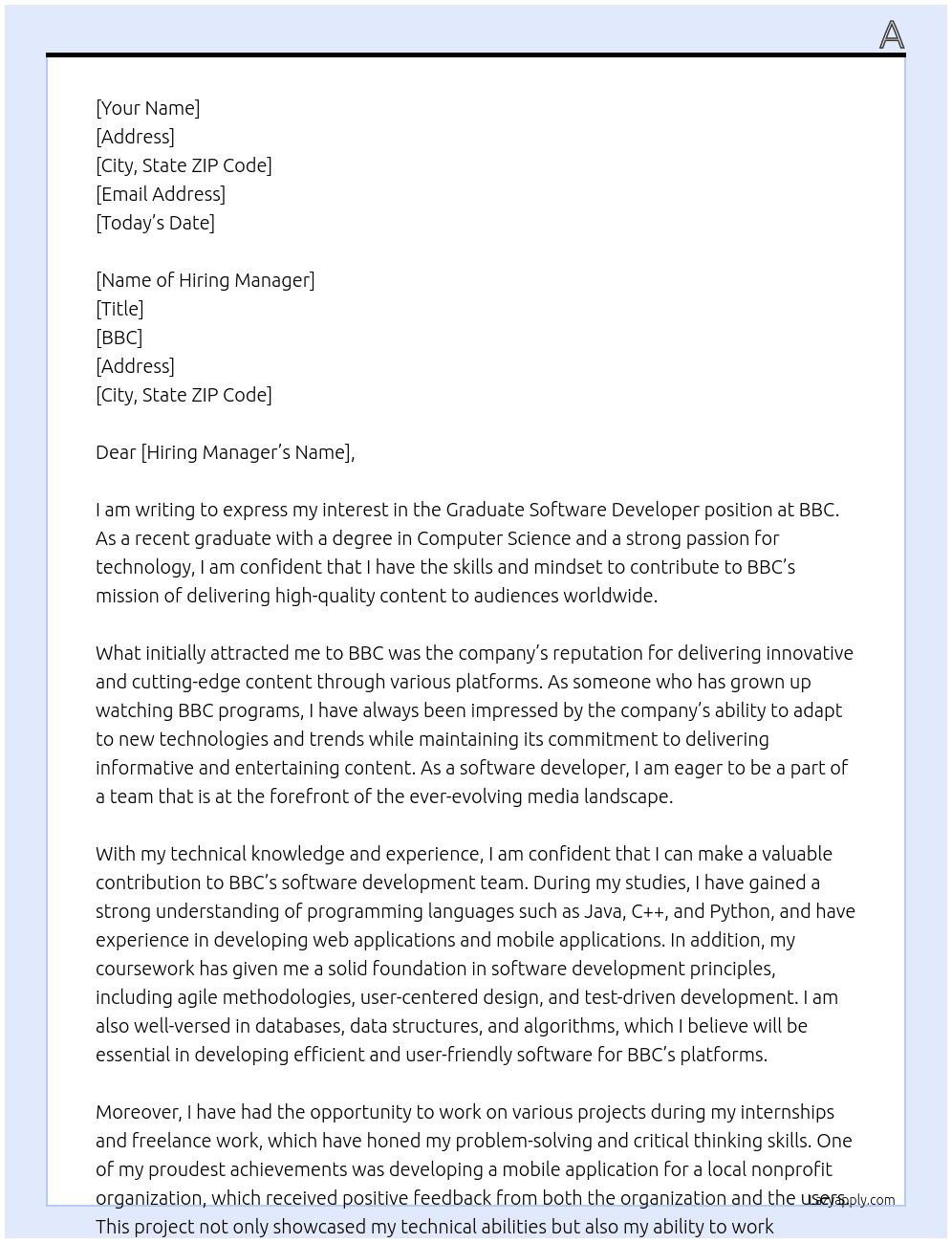 Graduate software developer At BBC Cover Letter
